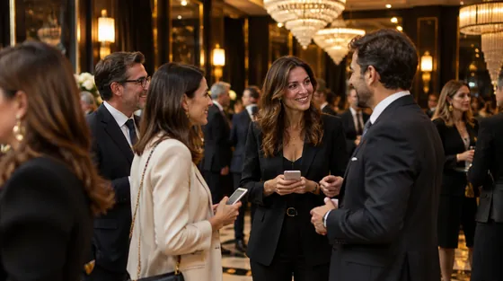 Gruppo di professionisti che fa networking in una sala eventi elegante